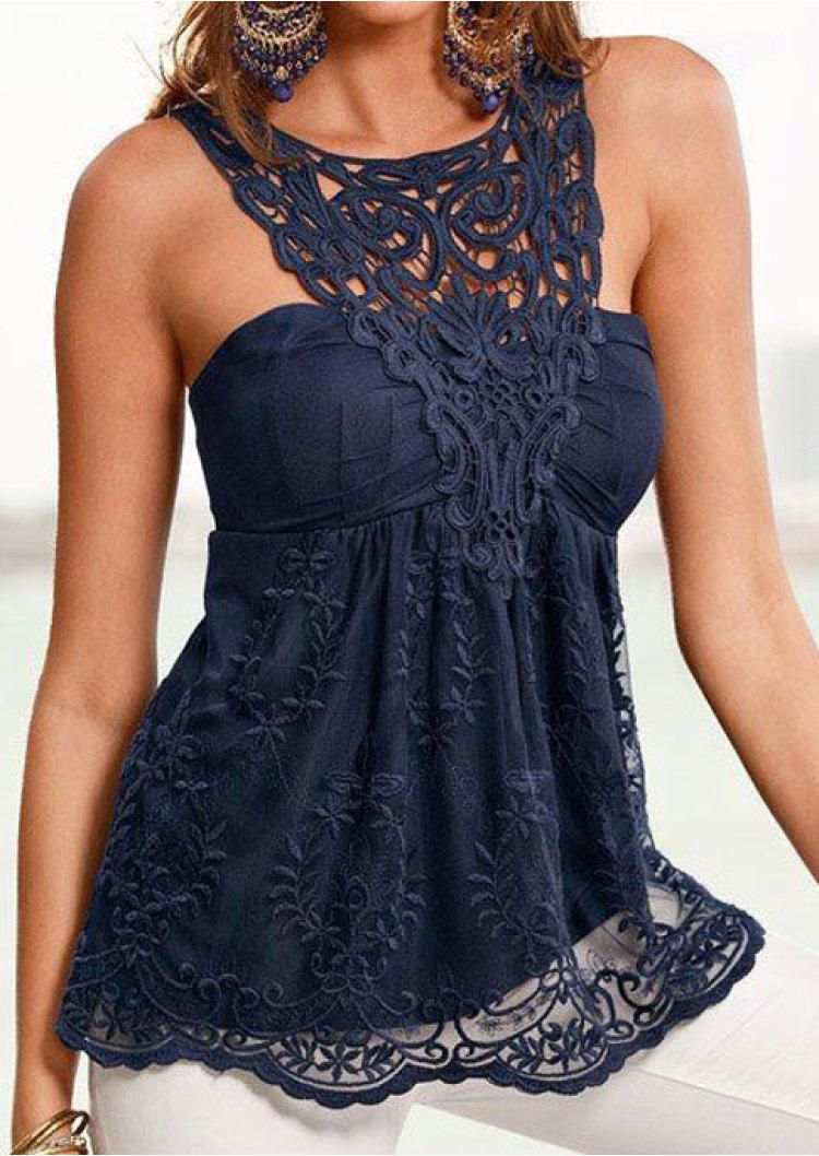 Tank Tops Lace Splicing Casual Tank Top in Navy Blue. Size: S,M,L,XL