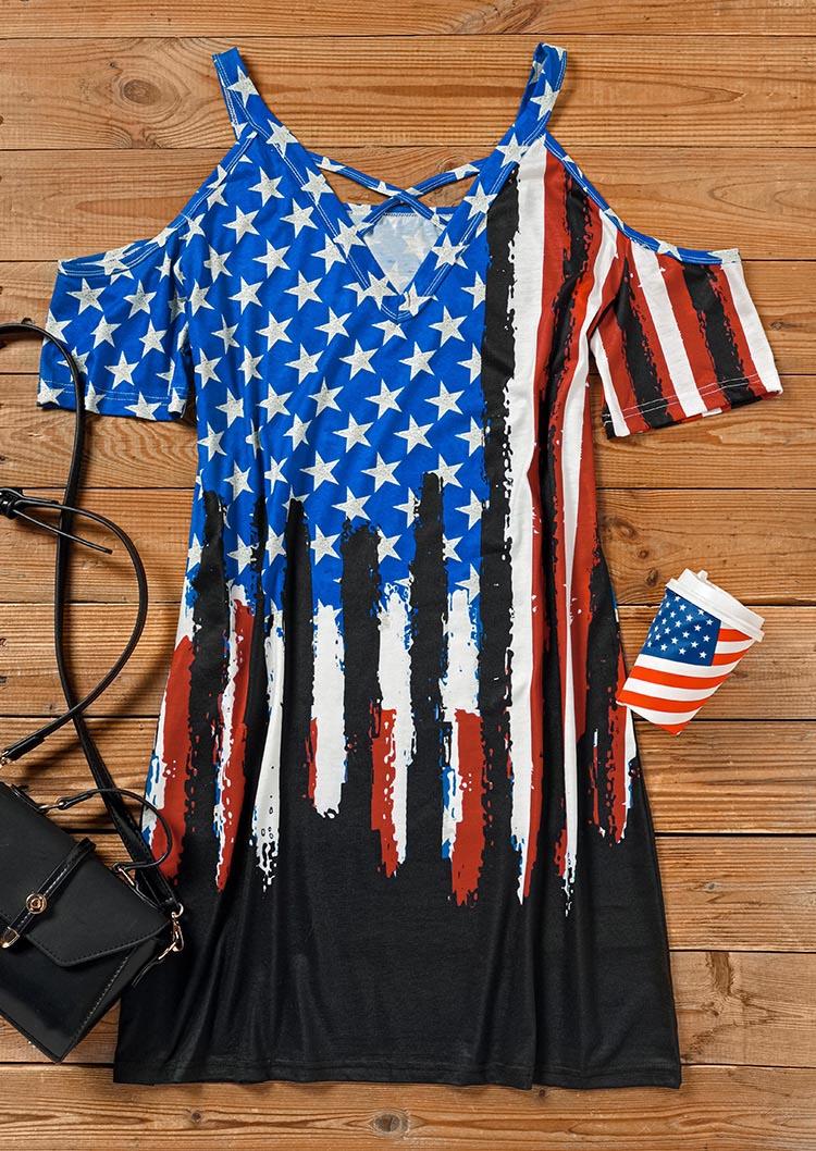 Mini Dresses American Flag Star Criss-Cross Cold Shoulder Mini Dress in Multicolor. Size: S,M,L,XL