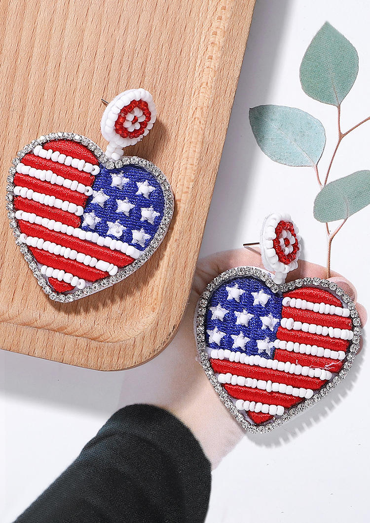 

Earrings American Flag Rhinestone Beaded Heart Drop Stud Earrings in Multicolor. Size