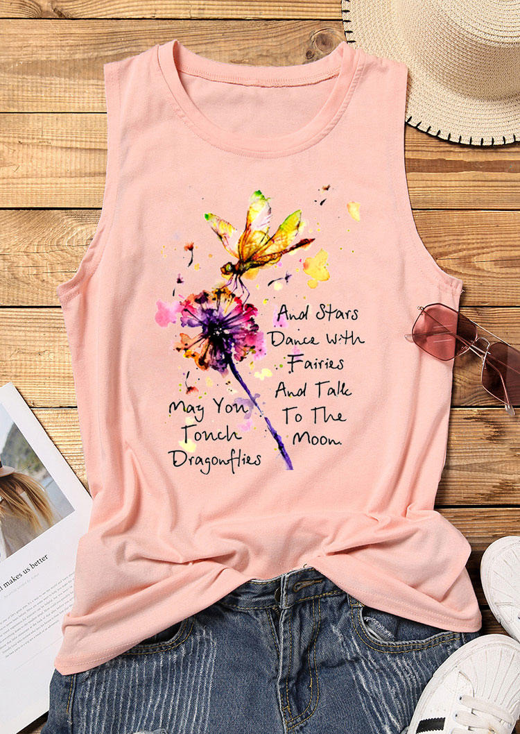 Tank Tops May You Touch Dragonflies And Stars Dance With Fairies And Talk To The Moon Dandelion Tank Top in Pink. Size: S,M,L,XL