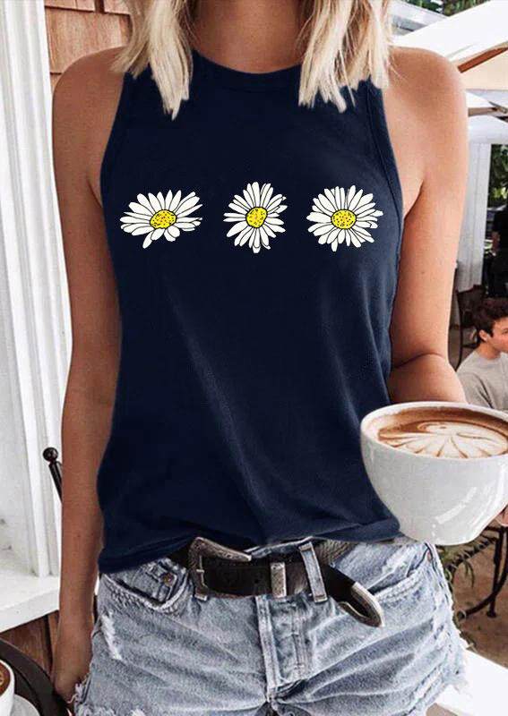 Tank Tops Daisy O-Neck Casual Tank Top in Navy Blue. Size: XL