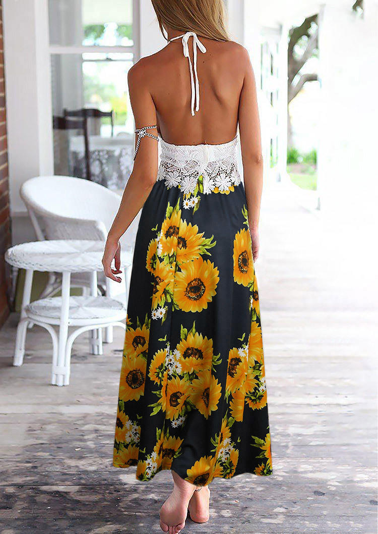 Lace Halter Open Back Crop Top And Sunflower Long Skirt Outfit