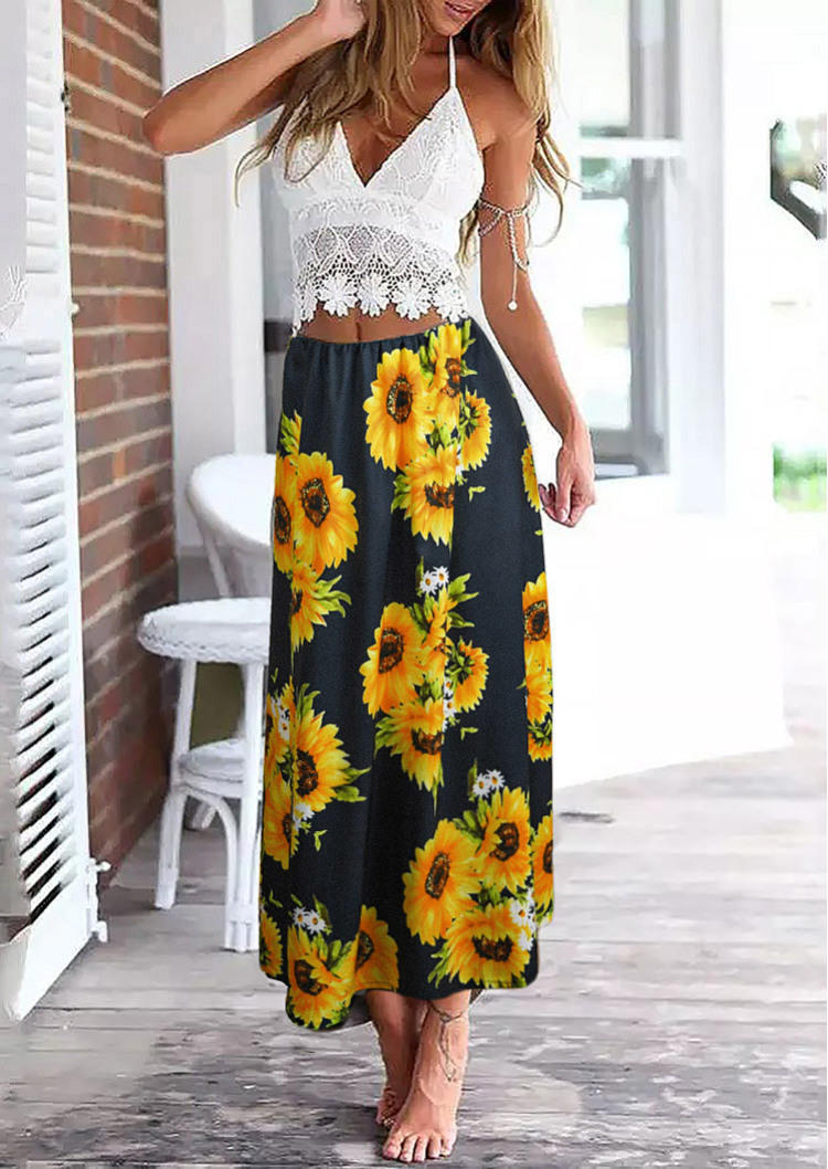 Two-piece Dresses Lace Halter Open Back Crop Top And Sunflower Long Skirt Outfit in Multicolor. Size: L,M,XL