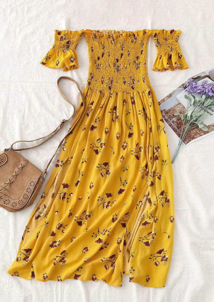 

Midi Dresses Floral Smocked Off Shoulder Midi Dress in Yellow. Size: ,M,L,XL
