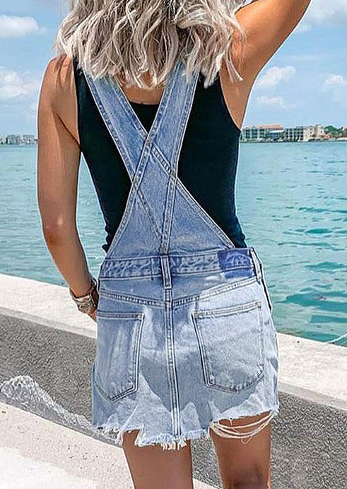 

Mini Dresses Daisy Frayed Hem Pocket Denim Overall Mini Dress in Blue. Size