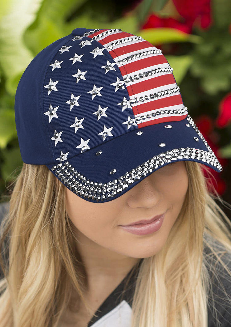 

Hats American Flag Rhinestone Baseball Cap in Red,Navy Blue. Size