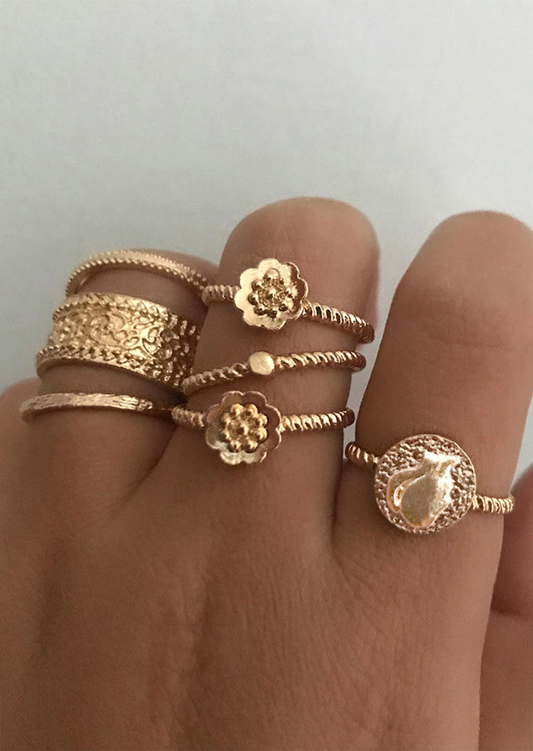 

Rings 7Pcs Floral Cat Alloy Ring Set in Gold. Size