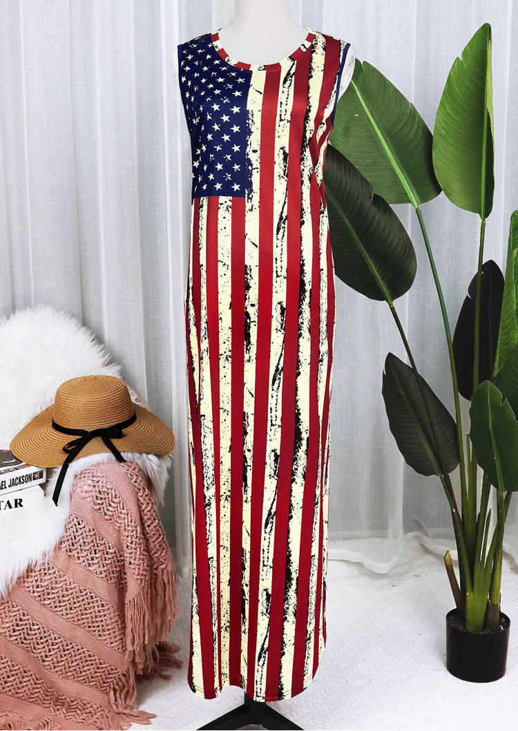 Maxi Dresses American Flag Sleeveless Maxi Dress in Multicolor. Size: S,M,L,XL