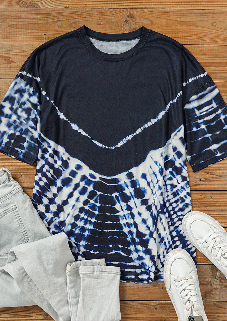 Tie Dye O-Neck Casual Blouse - Navy Blue