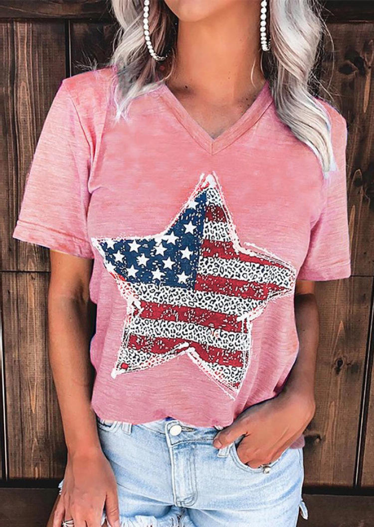 Leopard American Flag Star V-Neck T-Shirt Tee - Pink