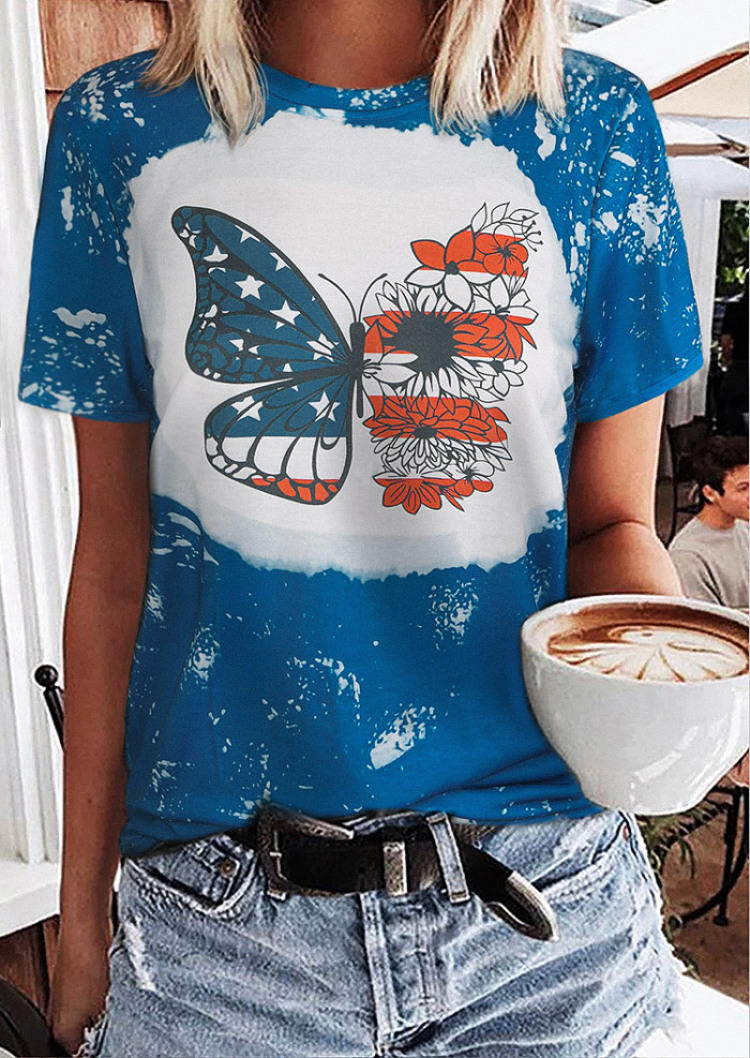 American Flag Butterfly Bleached T-Shirt Tee - Blue