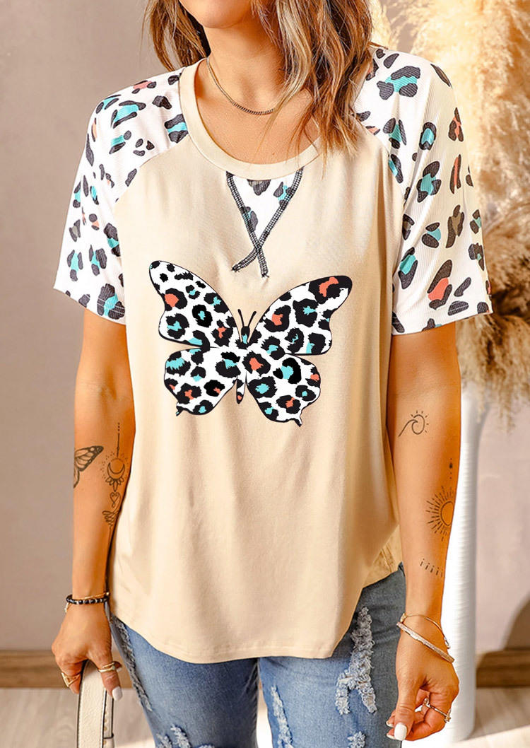 

Blouses Leopard Butterfly Short Sleeve Blouse in Apricot. Size: ,M,L,XL