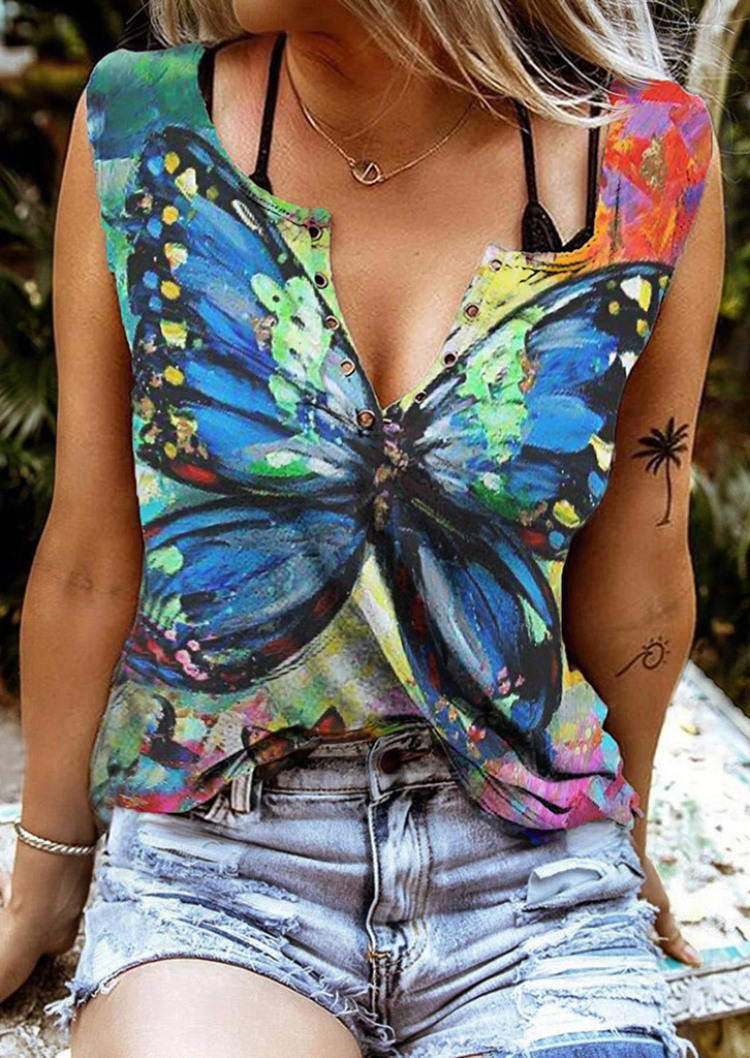 Tank Tops Tie Dye Butterfly Notched Neck Tank Top without Camisole in Blue. Size: L