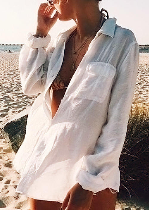 

Cover Ups Pocket Button Turn-down Collar Cover Up in White. Size