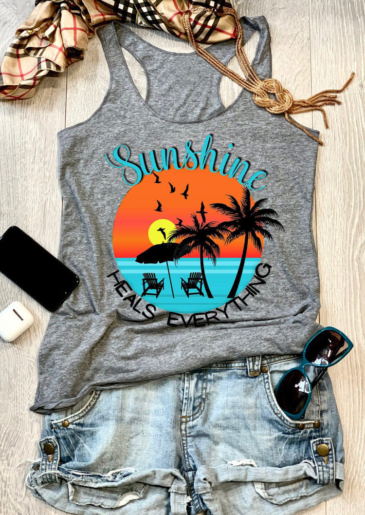 

Tank Tops Sunshine Heals Everything Racerback Tank Top in Gray. Size