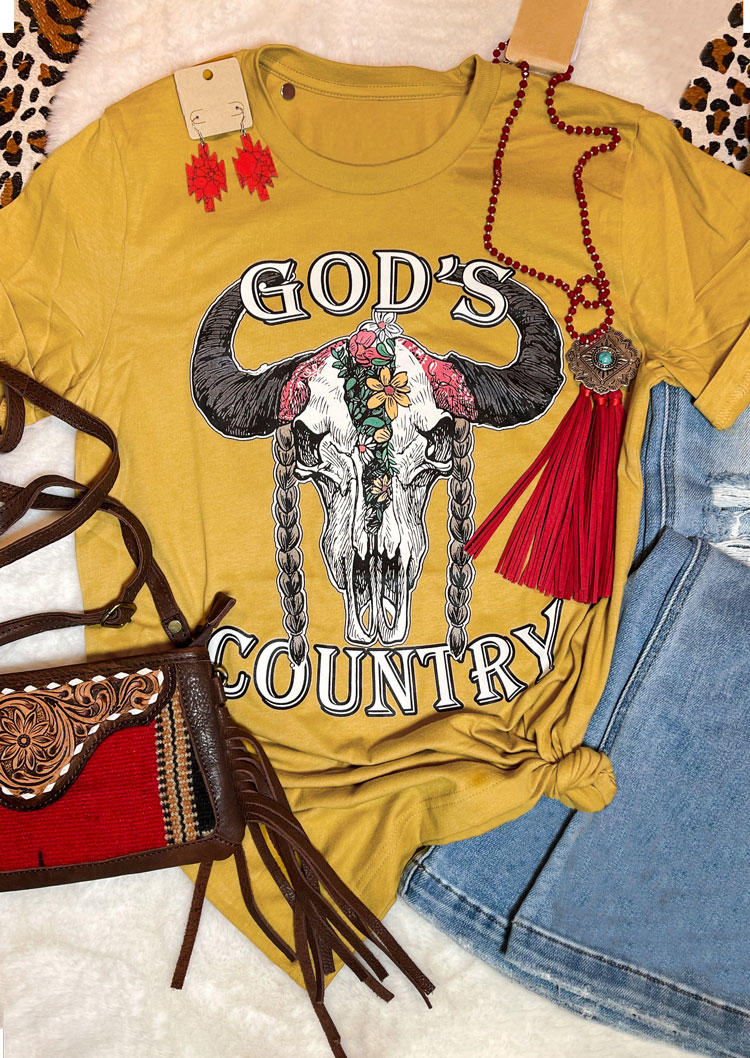 T-shirts Tees God's Country Steer Skull T-Shirt Tee in Yellow. Size: S,M,L,XL
