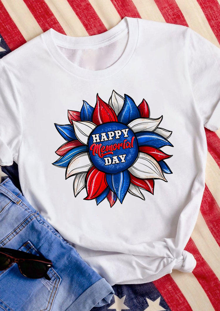 T-shirts Tees Happy Memorial Day Sunflower T-Shirt Tee in White. Size: S,M,L,XL