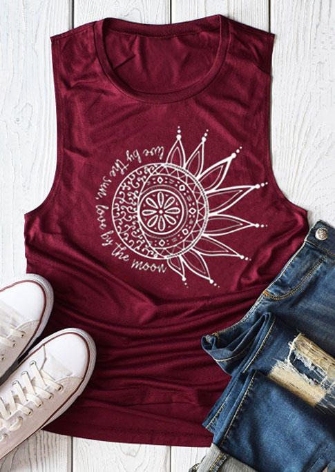 Tank Tops Live By The Sun Love By The Moon Mandala Tank Top in Burgundy. Size: S,M,L,XL