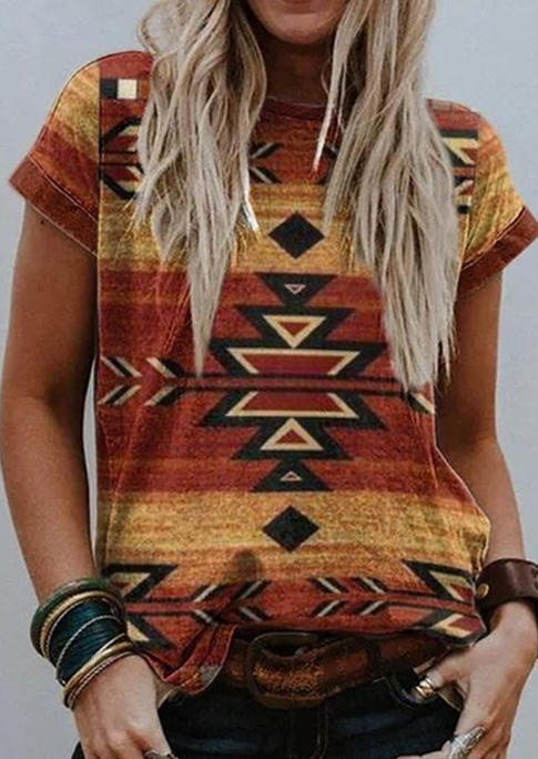 T-shirts Tees Aztec Geometric Casual T-Shirt Tee in Multicolor. Size: M