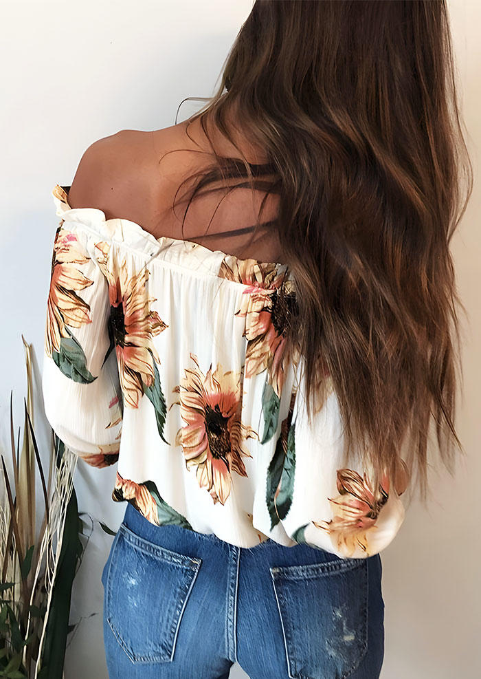 Blouses Floral Ruffled Tassel Tie Off Shoulder Blouse in White. Size: S