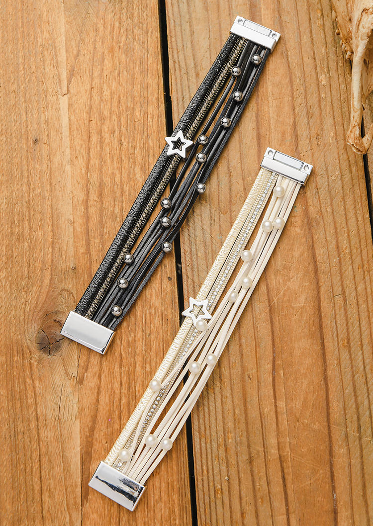 Bracelet Star Pearl Multi-Layered Magnetic Buckle Alloy Bracelet in Black,White. Size: One Size