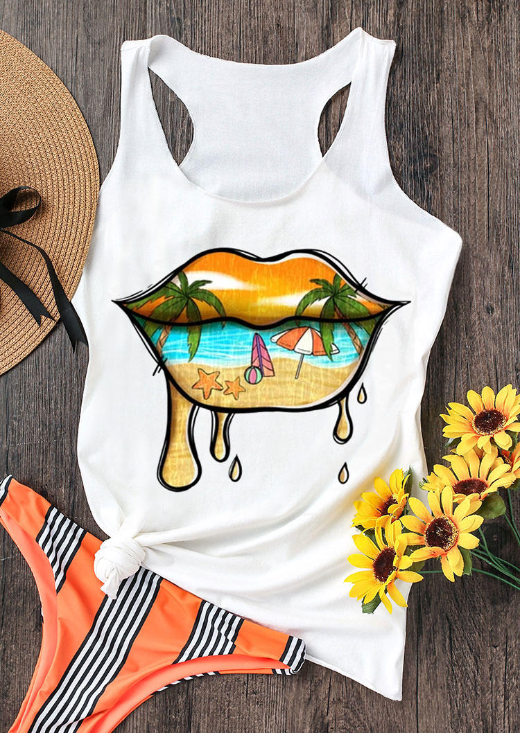 

Tank Tops Summer Vibes Beach Lips Coconut Tree Racerback Tank Top in White. Size