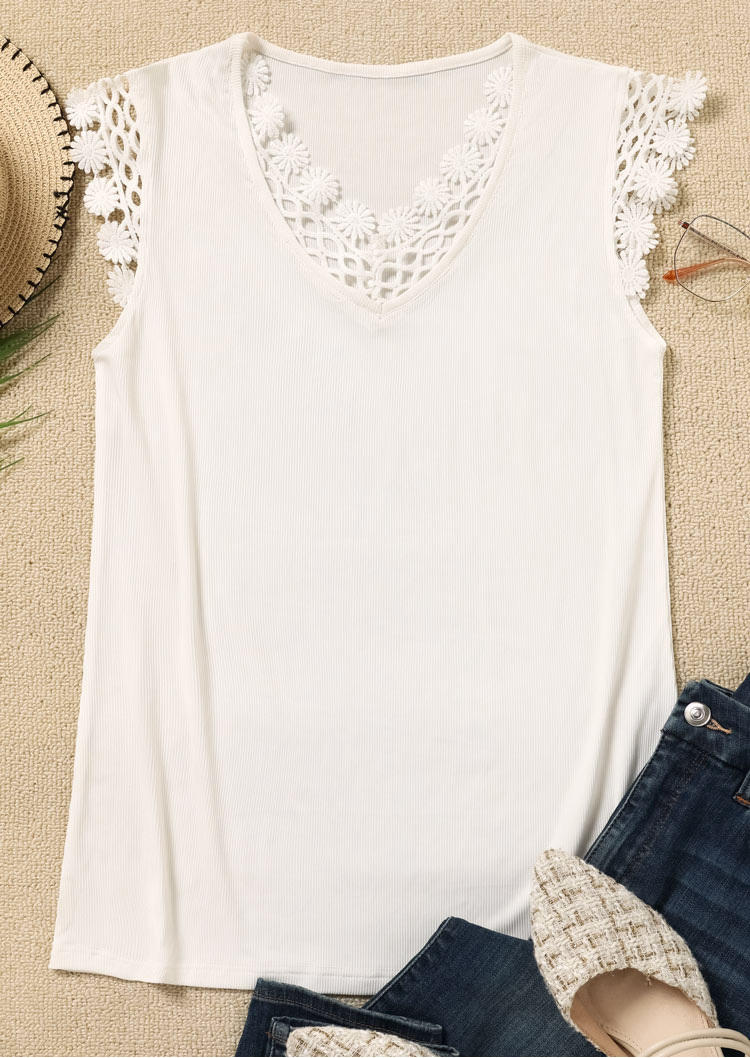 

Blouses Lace Splicing V-Neck Blouse in White. Size: L