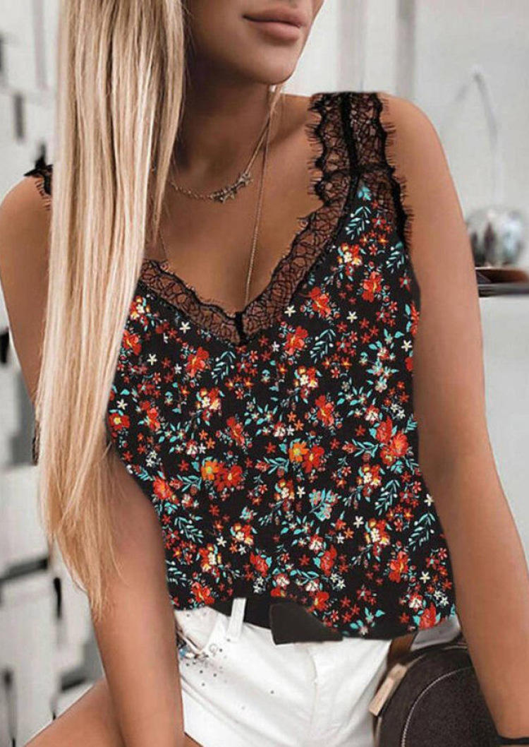 

Tank Tops Floral Lace Splicing Casual Tank Top in Multicolor. Size
