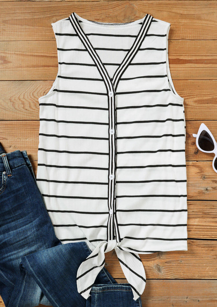 Striped Button Tie V-Neck Tank