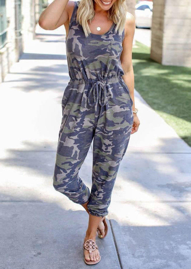 Jumpsuits & Rompers Camouflage Drawstring Sleeveless Jumpsuit in Camouflage. Size: S,L