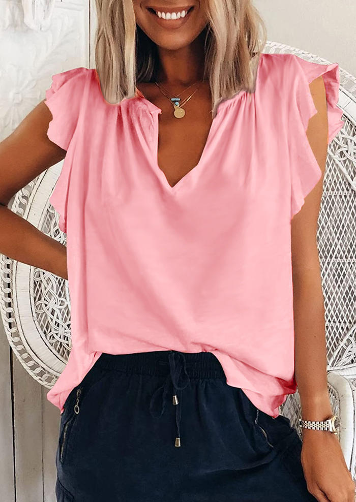 

Tank Tops Ruffled Notched Neck Tank Top in Pink. Size