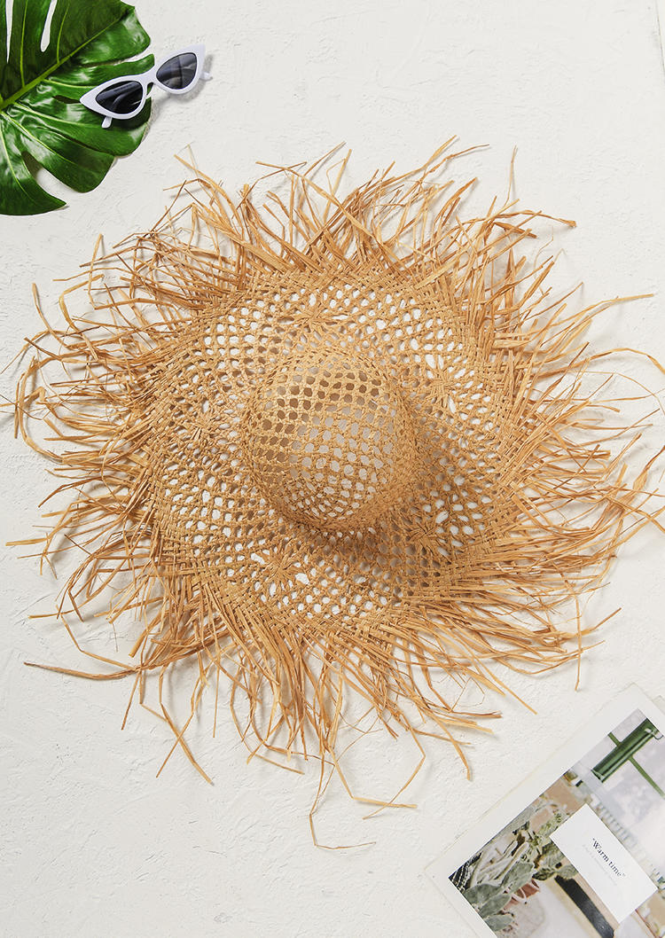 

Hats Hollow Out Frayed Brim Straw Hat in Apricot. Size