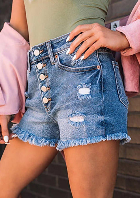 Shorts Pocket Button Ripped Hole Denim Shorts in Blue. Size: S,L