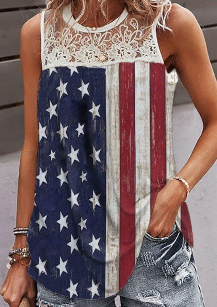 

Tank Tops American Flag Star Lace Tank Top in Blue. Size