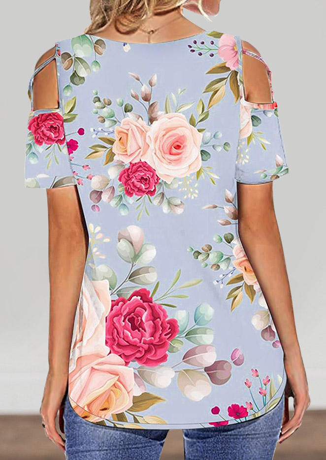 

Blouses Floral Criss-Cross Cold Shoulder Blouse in Blue. Size