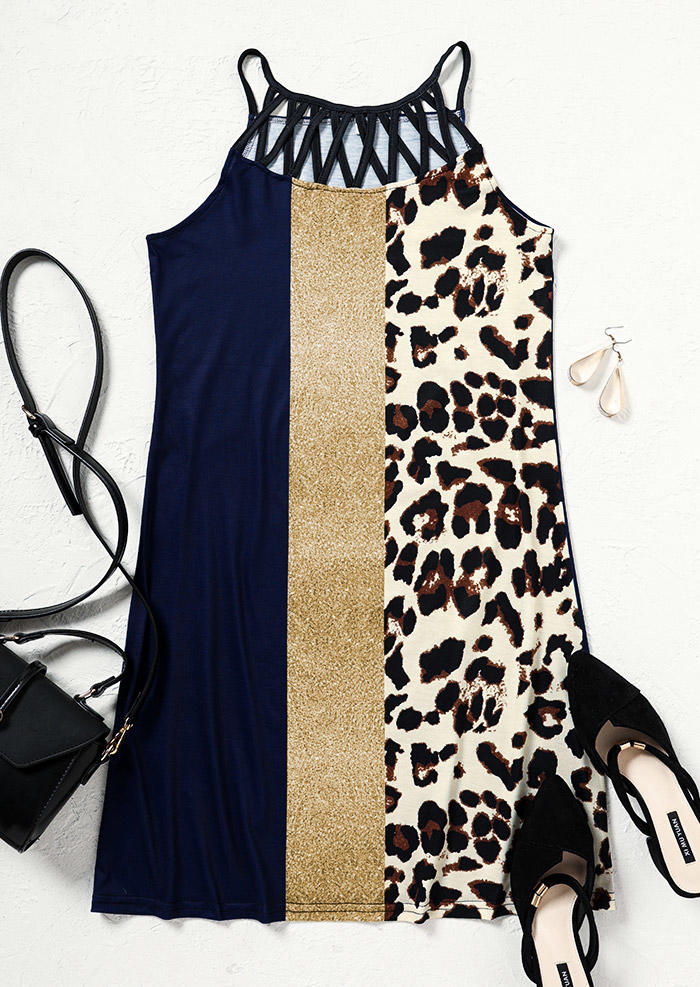 Leopard Color Block Criss-Cross Sleeveless Mini Dress