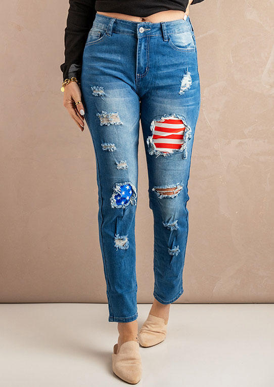 

Pants American Flag Star Ripped Frayed Denim Pants in Blue. Size: ,M,L,XL