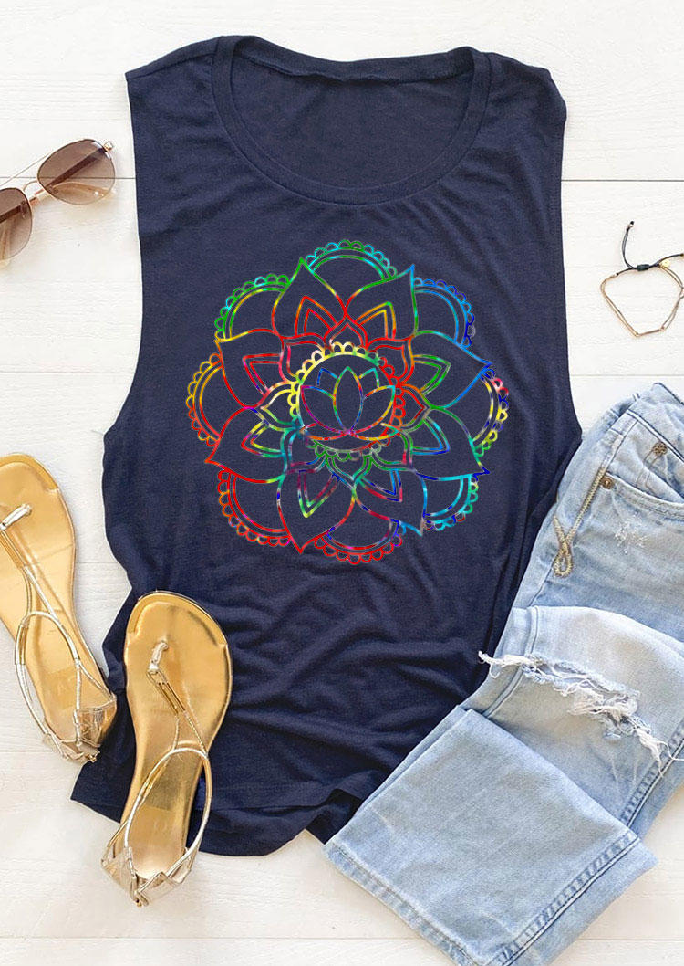

Tank Tops Gradient Mandala O-Neck Tank Top in Navy Blue. Size