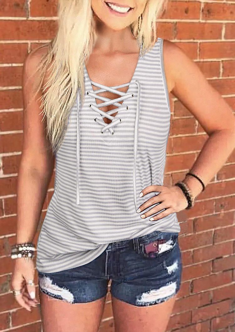 Tank Tops Striped Lace Up Casual Tank Top in Stripe. Size: S,M,L