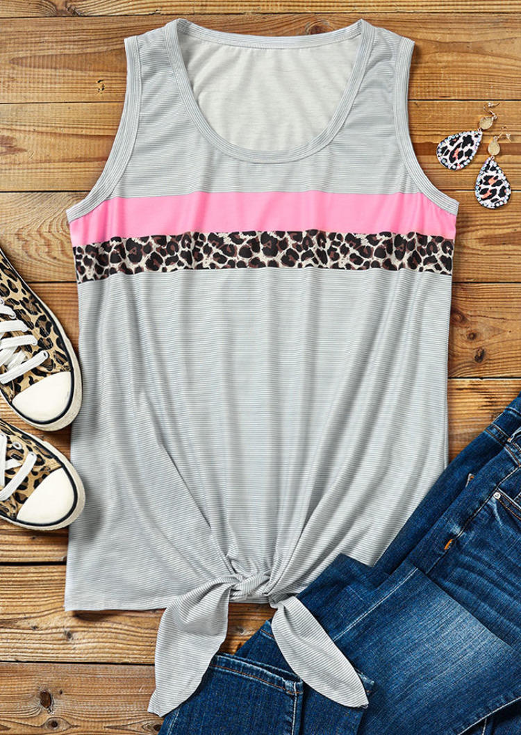

Tank Tops Leopard Color Block Tie O-Neck Tank Top in Multicolor. Size