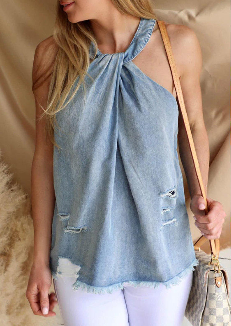 

Tank Tops Halter Tie Ripped Hole Frayed Denim Camisole in Blue. Size: ,M,L,XL