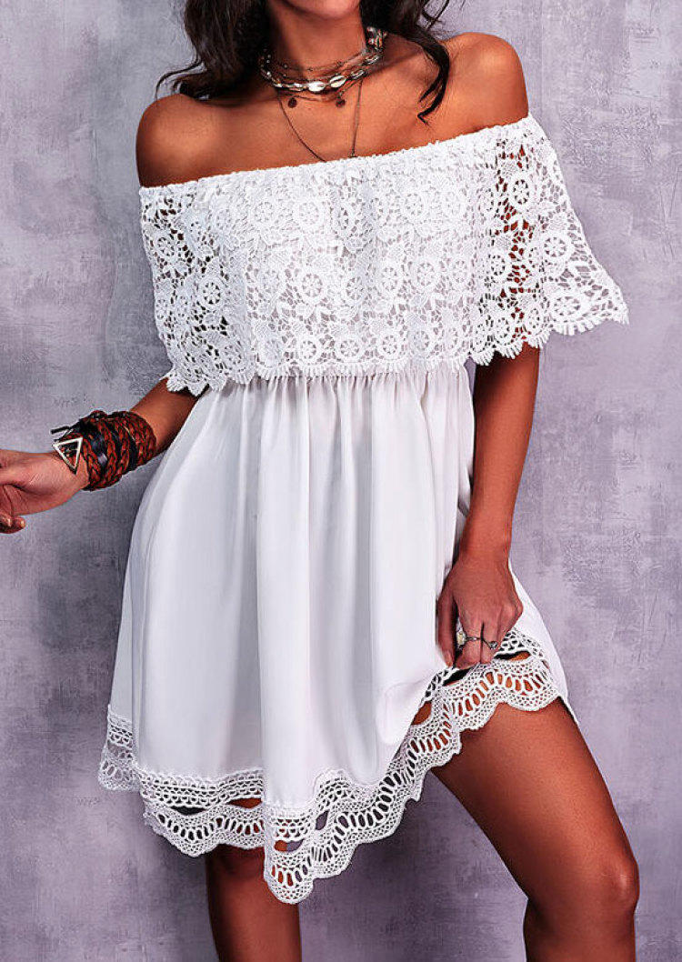 

Mini Dresses Lace Ruffled Off Shoulder Mini Dress in White. Size: ,M,L,XL