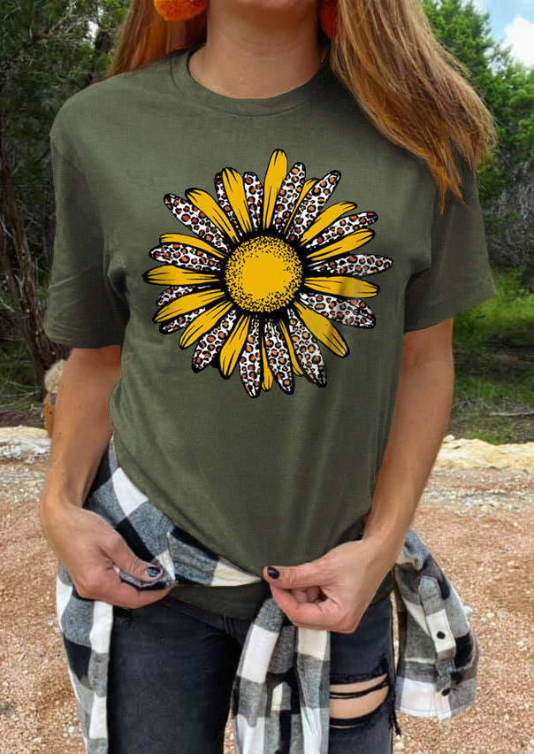 

T-shirts Tees Leopard Sunflower O-Neck T-Shirt Tee in Army Green. Size: ,M,L,XL