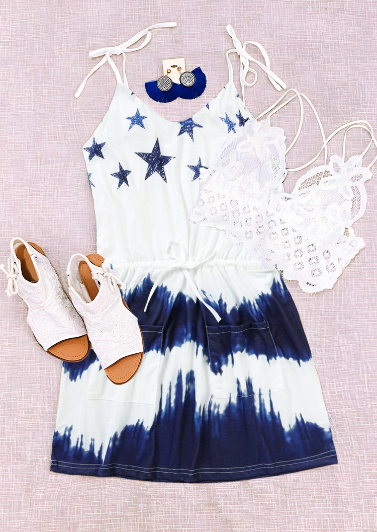 

Mini Dresses Tie Dye Star Drawstring Sleeveless Mini Dress in White. Size