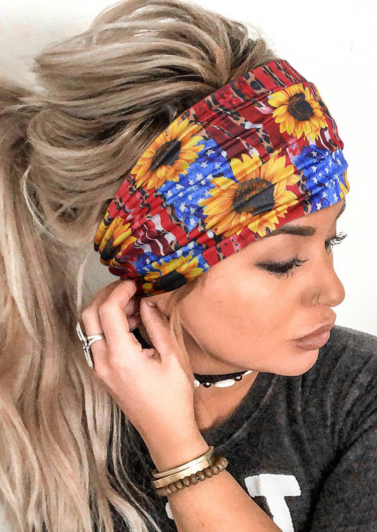 American Flag Leopard Sunflower Wide Headband in Multicolor. Size: One Size