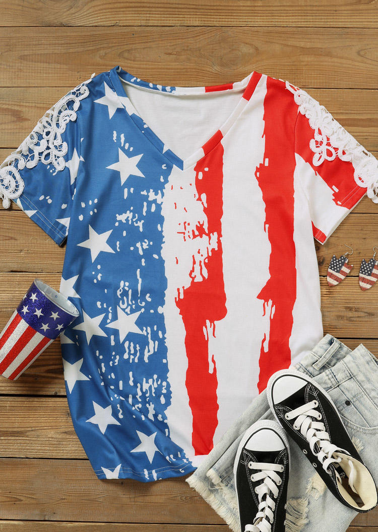 Blouses American Flag Lace Splicing V-Neck Blouse in Multicolor. Size: S,M,L,XL