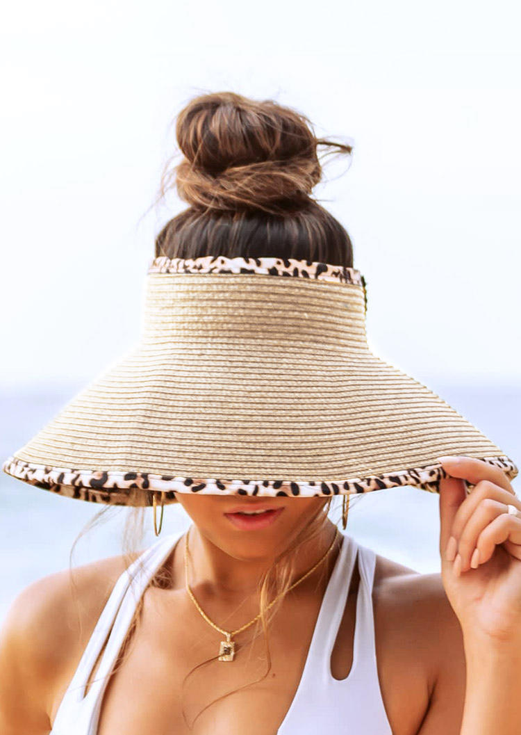 

Hats Leopard Bowknot Hollow Out Sun Visor Rolled Up Straw Hat in Khaki. Size
