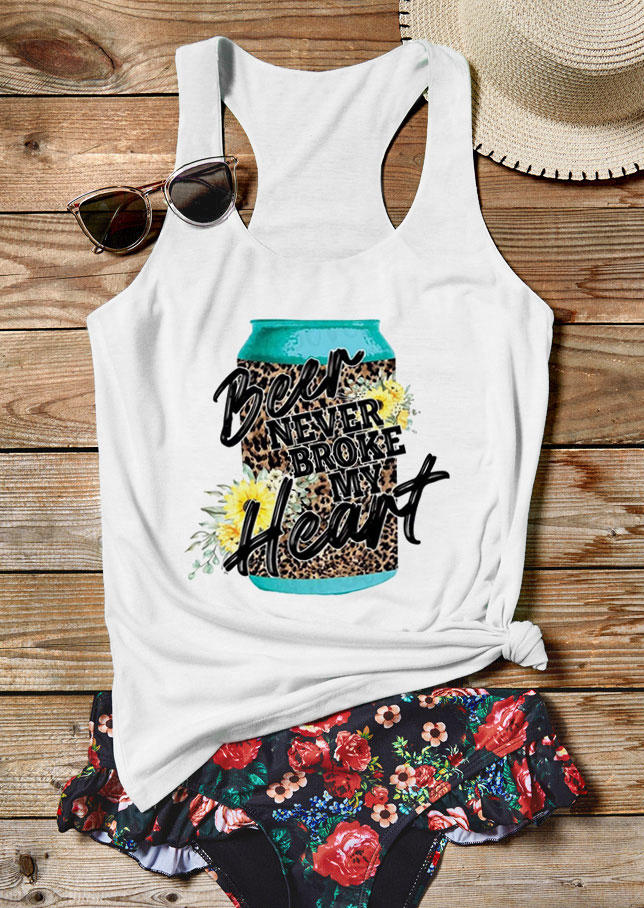 

Tank Tops Beer Never Broke My Heart Leopard Racerback Tank Top in White. Size