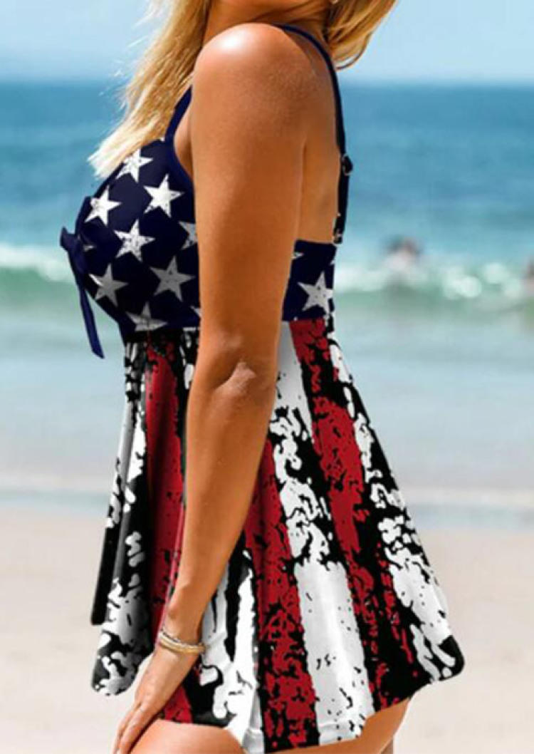 Tankinis American Flag Hollow Out Tankini Set in Multicolor. Size: S