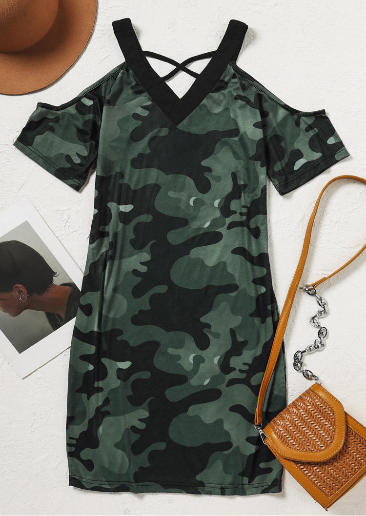 Mini Dresses Criss-Cross Cold Shoulder Camouflage Mini Dress in Multicolor. Size: L,M,S
